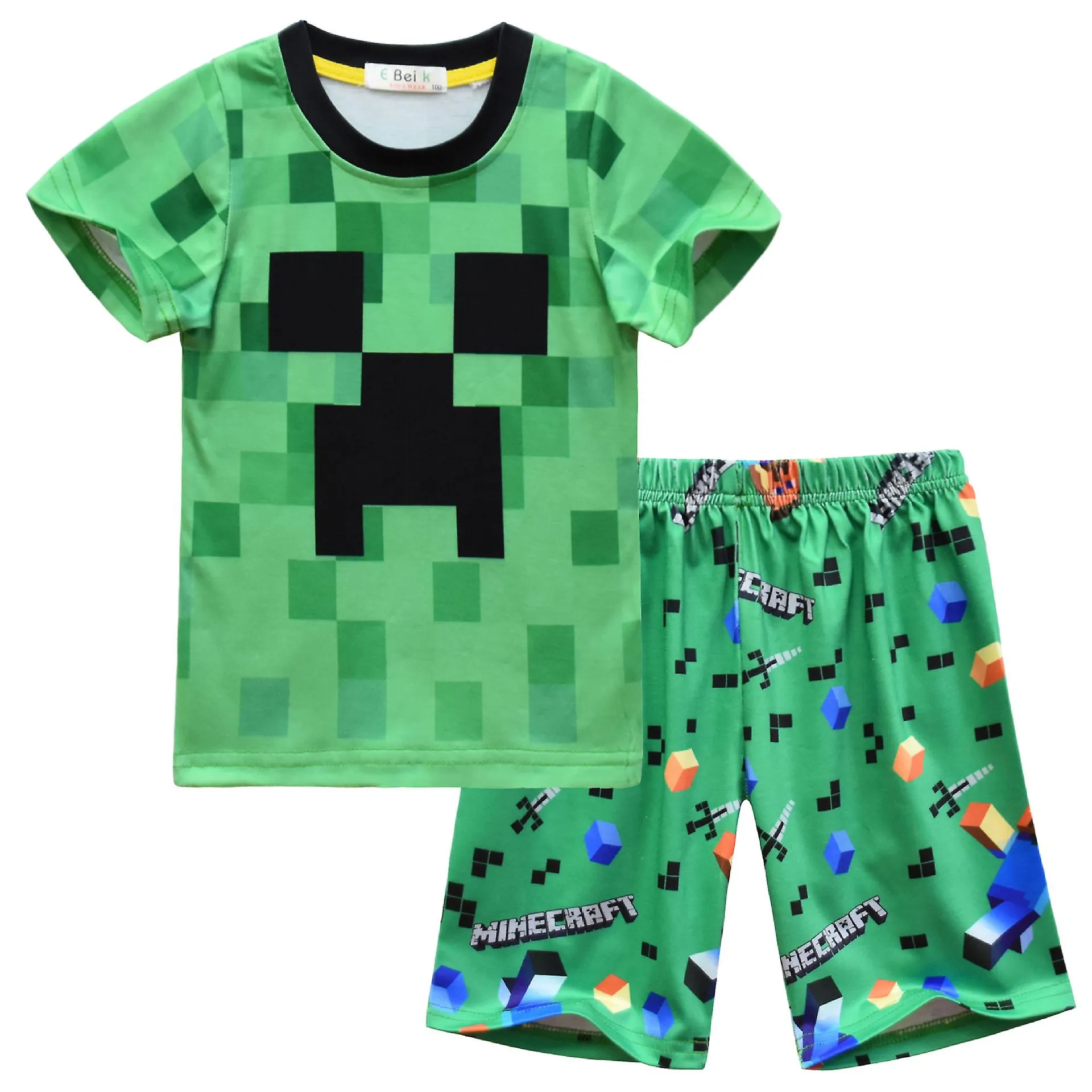 2023 Minecraft Boys Pantalones + Jersey Conjunto de tres piezas Pantalones cortos largos + Camiseta de manga corta Conjunto verd