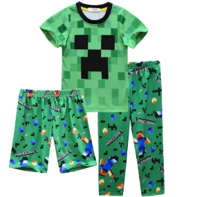 2023 Minecraft Boys Pantalones + Jersey Conjunto de tres piezas Pantalones cortos largos + Camiseta de manga corta Conjunto verd