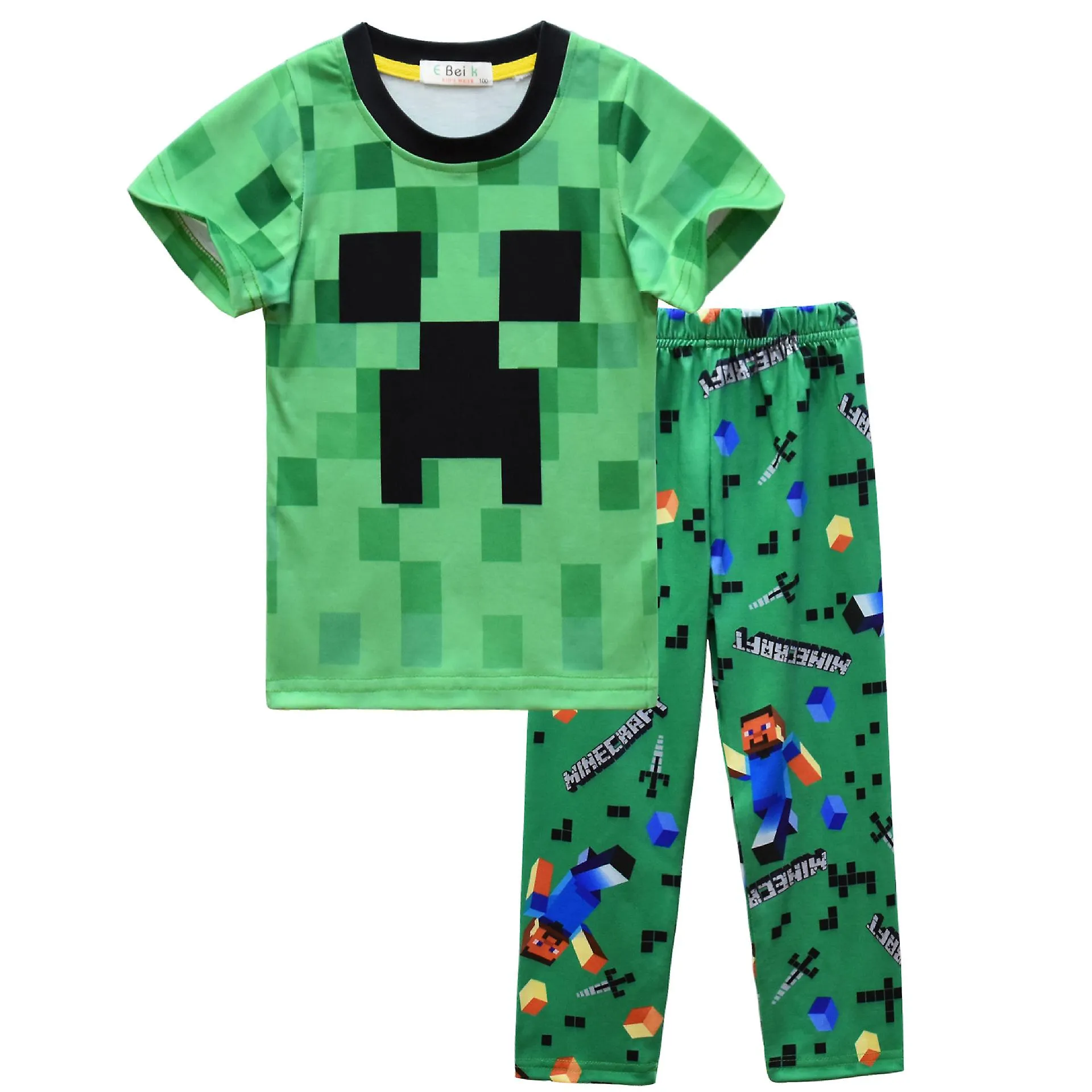 2023 Minecraft Boys Pantalones + Jersey Conjunto de tres piezas Pantalones cortos largos + Camiseta de manga corta Conjunto verd