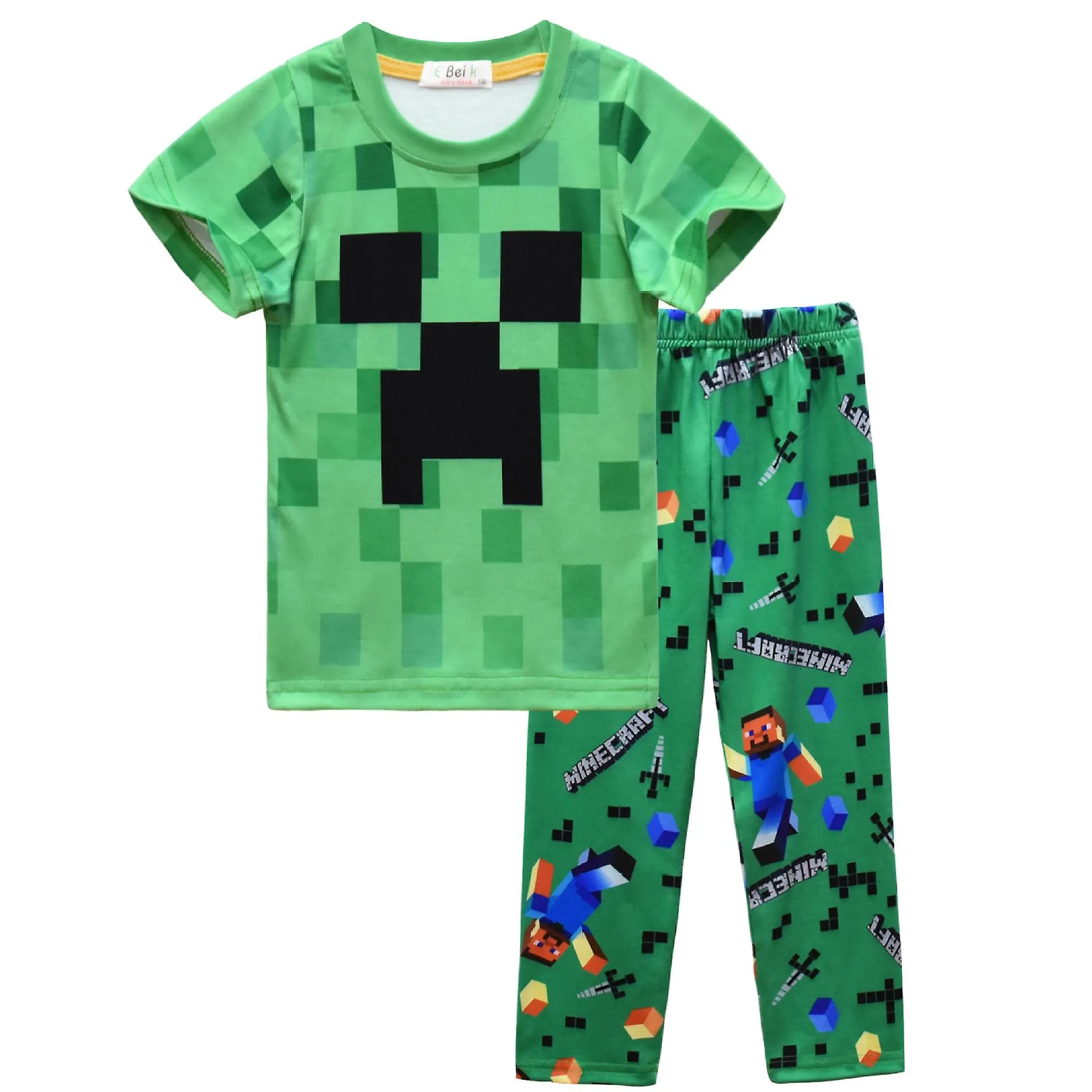 2023 Minecraft Boys Pantalones + Jersey Conjunto de tres piezas Pantalones cortos largos + Camiseta de manga corta Conjunto verd