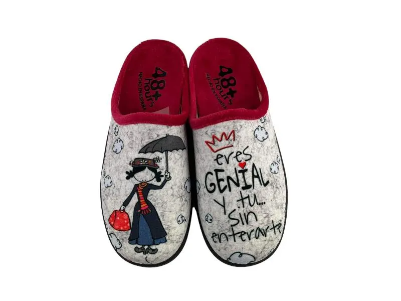 48 Hours | Zapatillas de casa divertidas descalzas mujer gris y rojas Eres genial