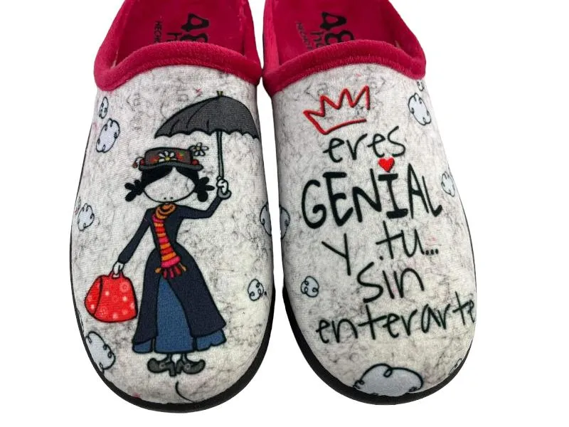 48 Hours | Zapatillas de casa divertidas descalzas mujer gris y rojas Eres genial