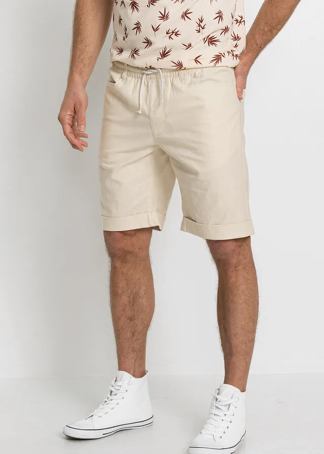 Bermudas elásticas de mezcla de lino, corte regular Beige-arena