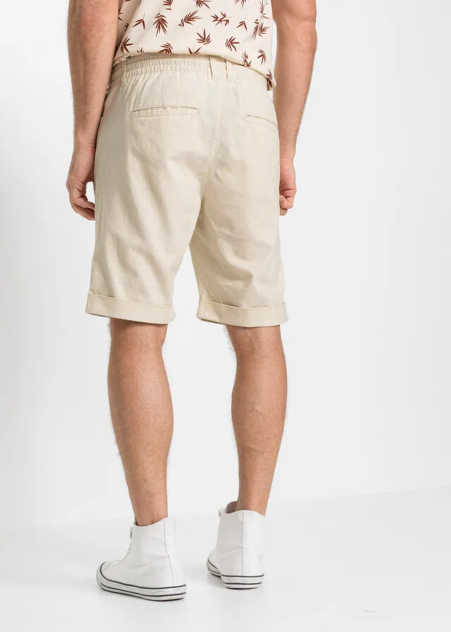 Bermudas elásticas de mezcla de lino, corte regular Beige-arena