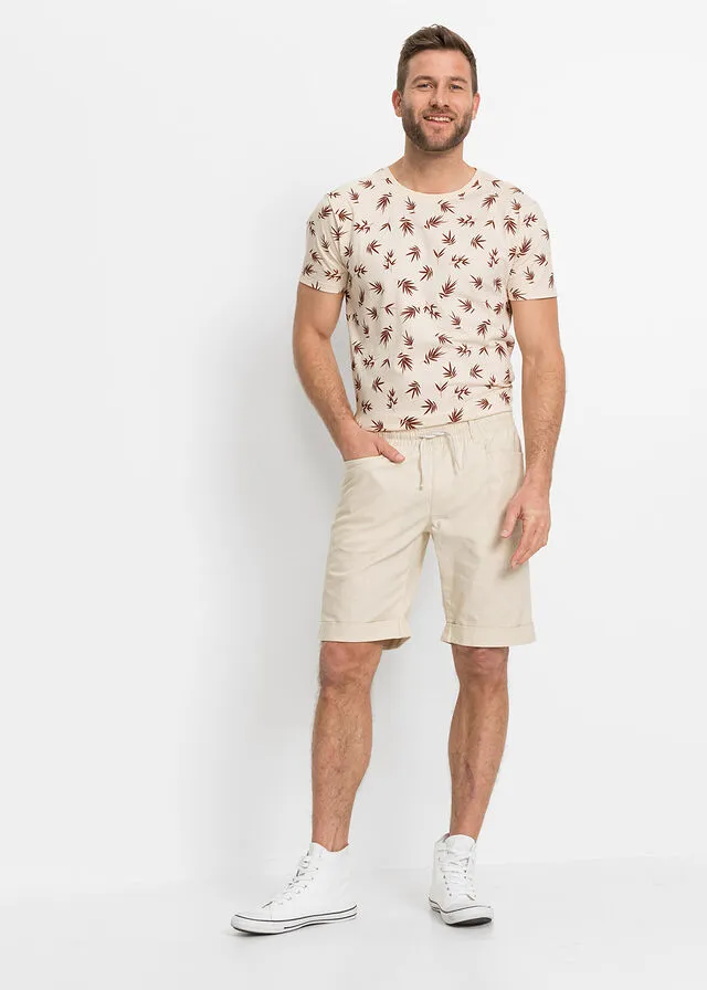 Bermudas elásticas de mezcla de lino, corte regular Beige-arena