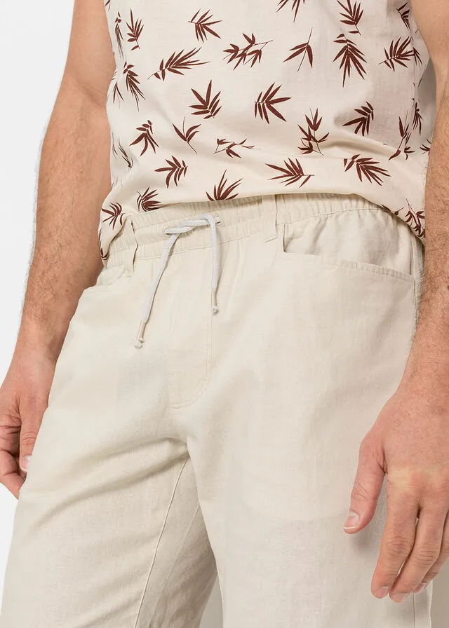 Bermudas elásticas de mezcla de lino, corte regular Beige-arena