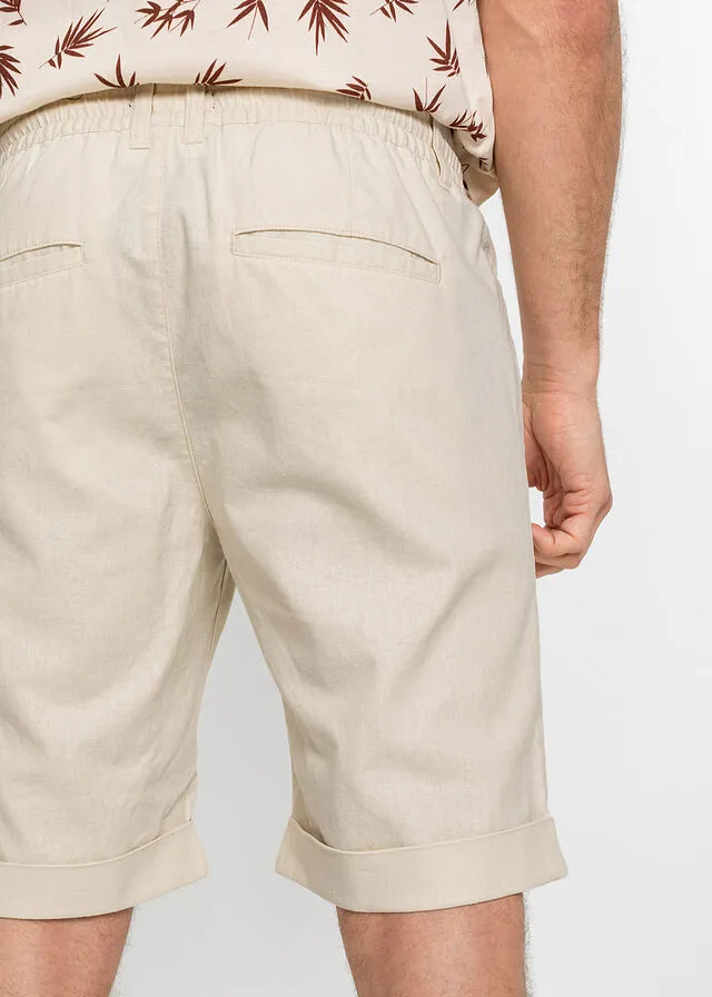 Bermudas elásticas de mezcla de lino, corte regular Beige-arena