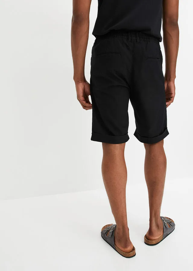 Bermudas elásticas de mezcla de lino, corte regular Negro