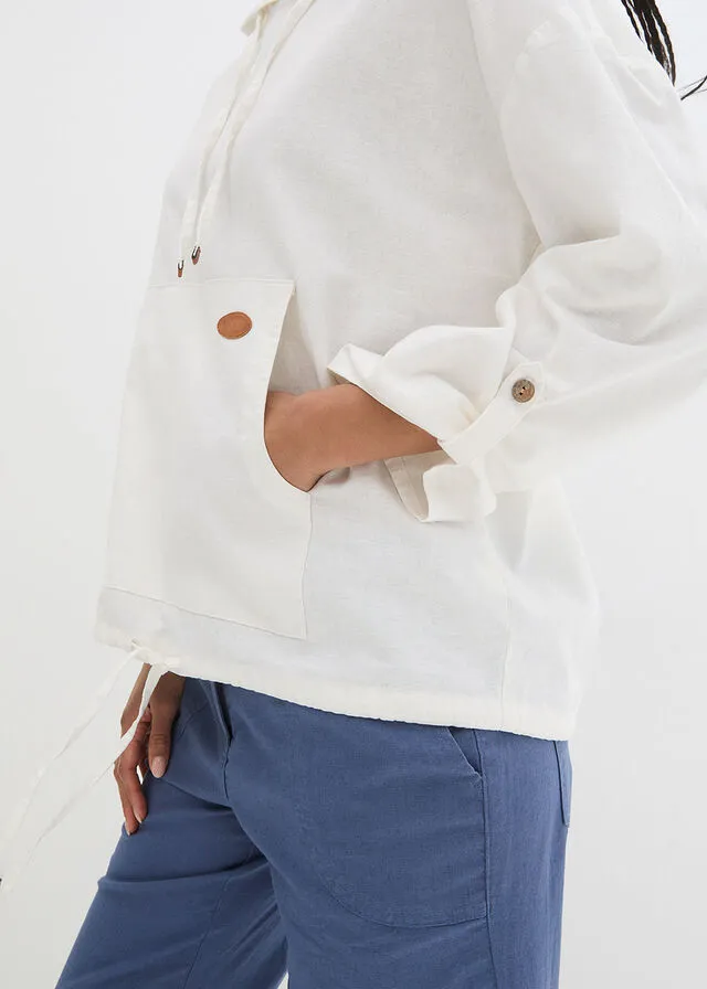 Blusa ancha con capucha y de mezcla de lino Blanco