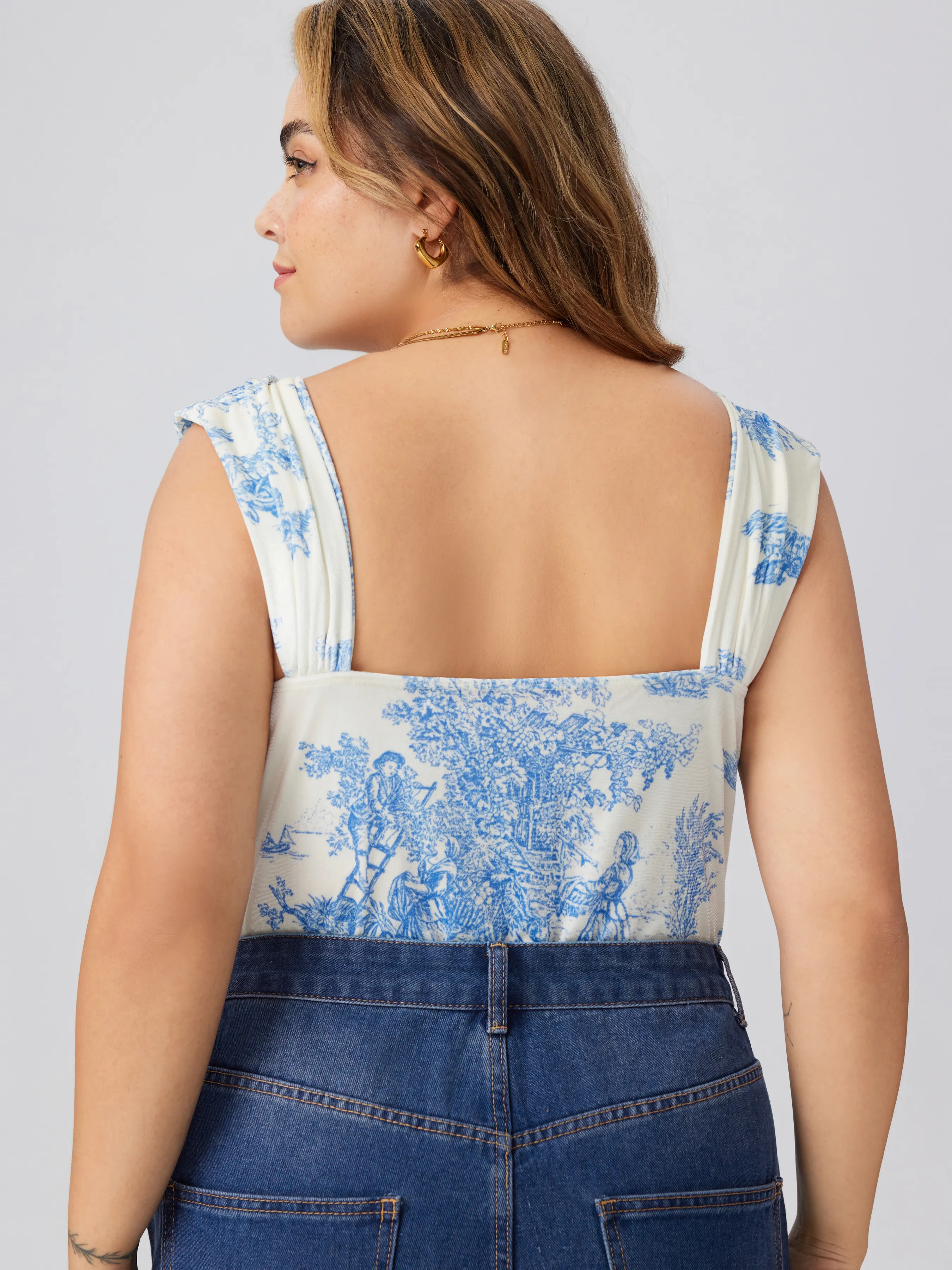  Body Drapeado Toile de Jouy con Cuello Redondo de Terciopelo Curvy