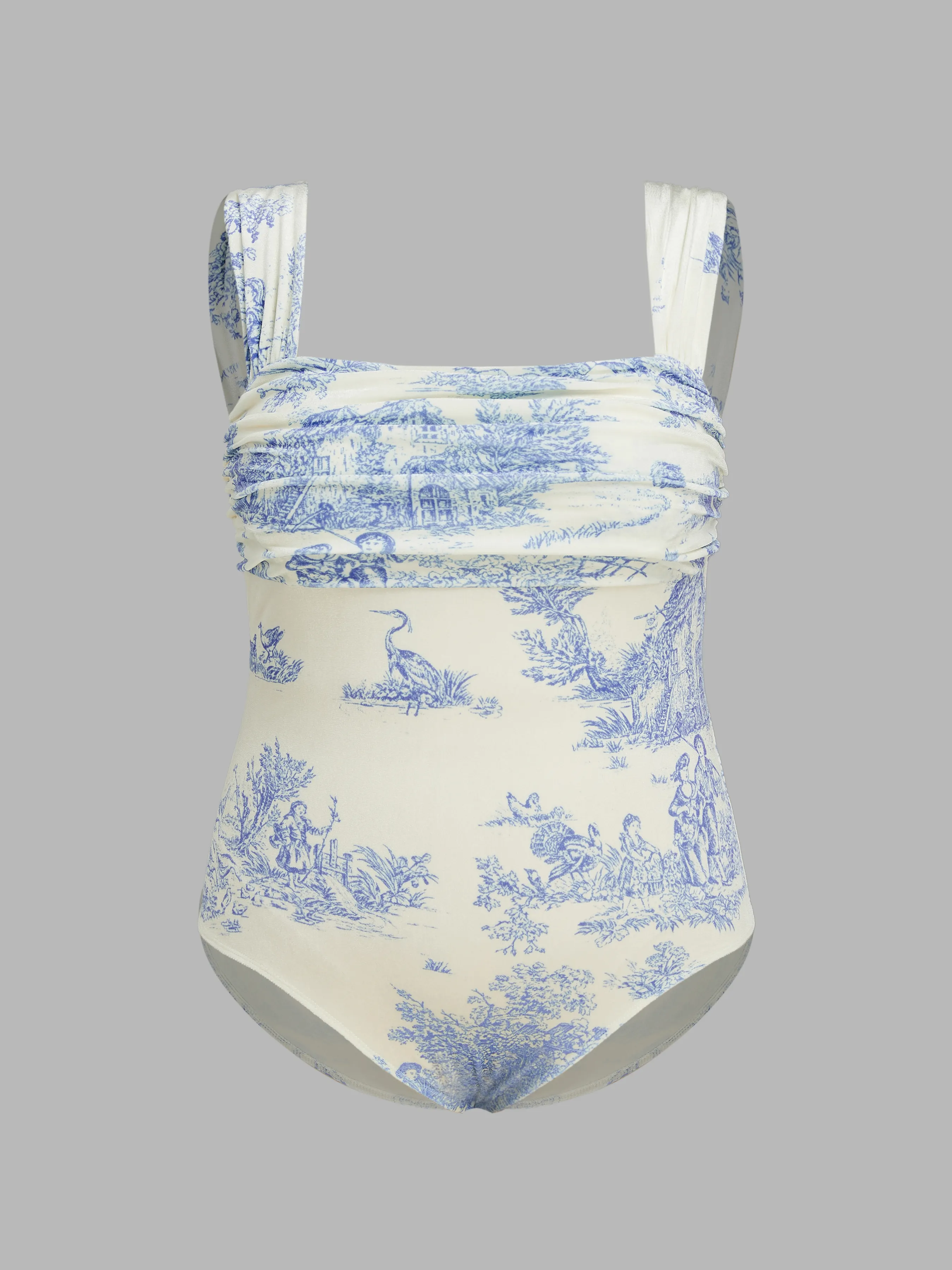  Body Drapeado Toile de Jouy con Cuello Redondo de Terciopelo Curvy