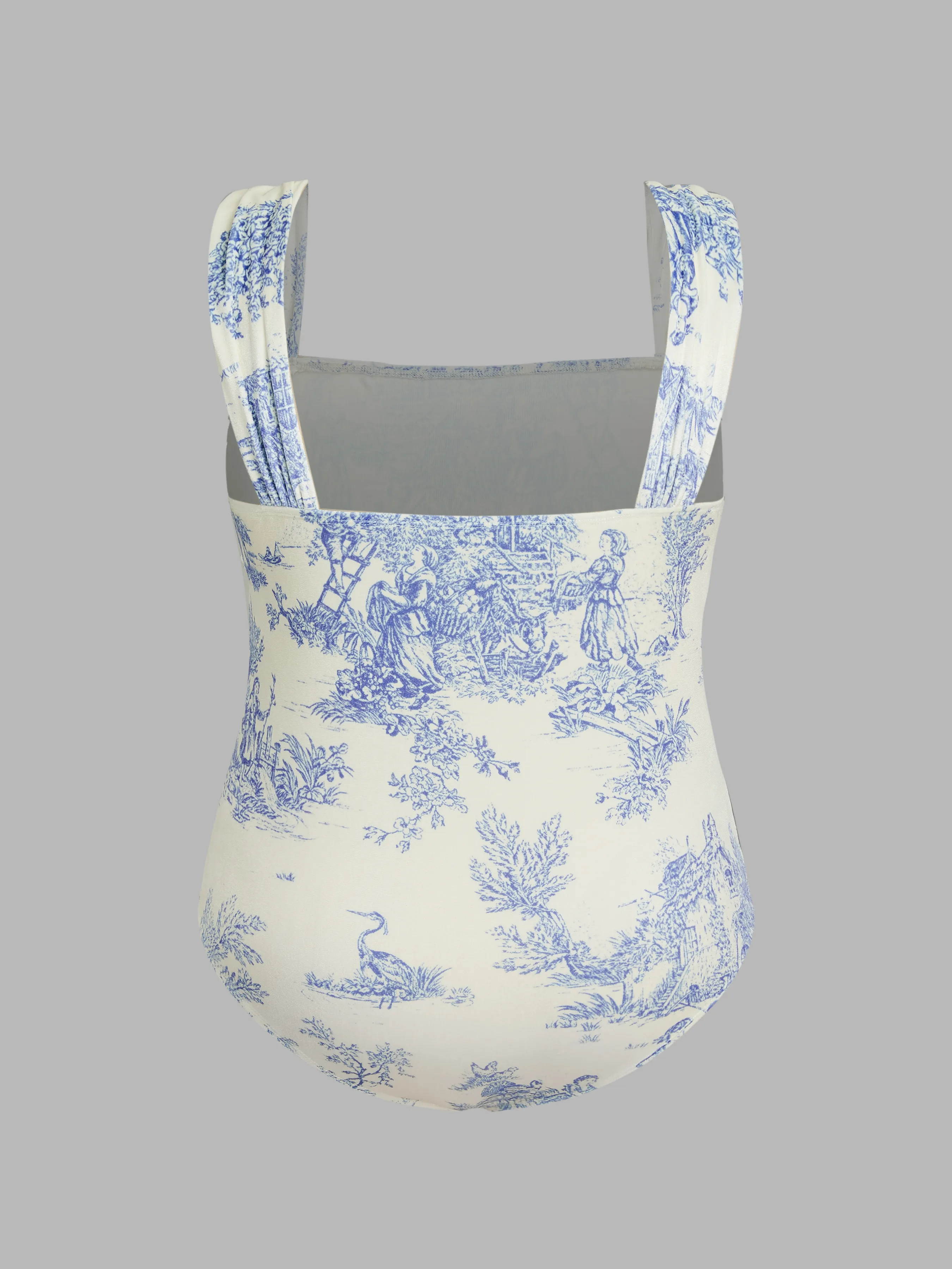  Body Drapeado Toile de Jouy con Cuello Redondo de Terciopelo Curvy