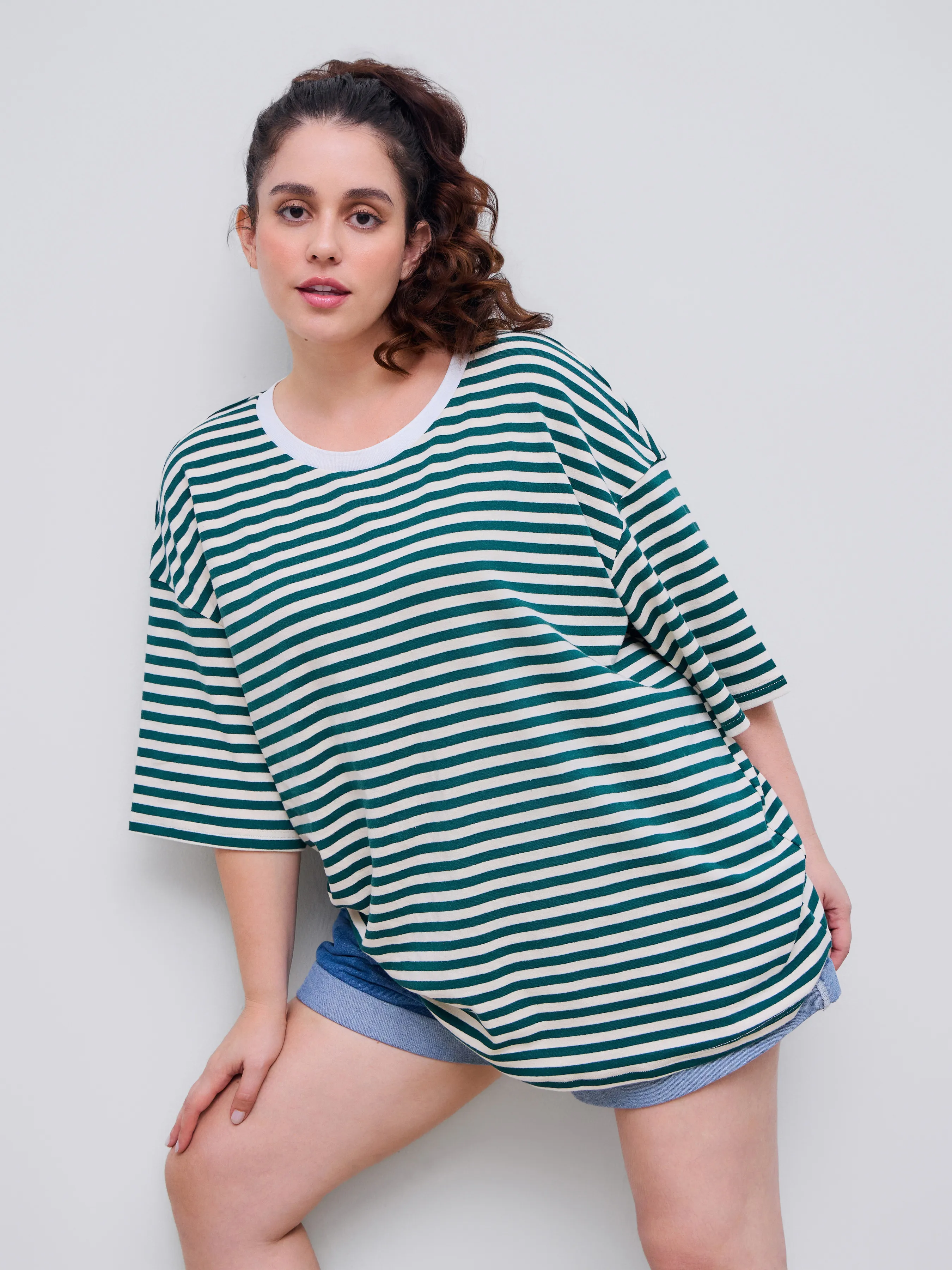 Camiseta de Rayas con Cuello Redondo y Manga Corta de Mezcla de Algodón Curvy