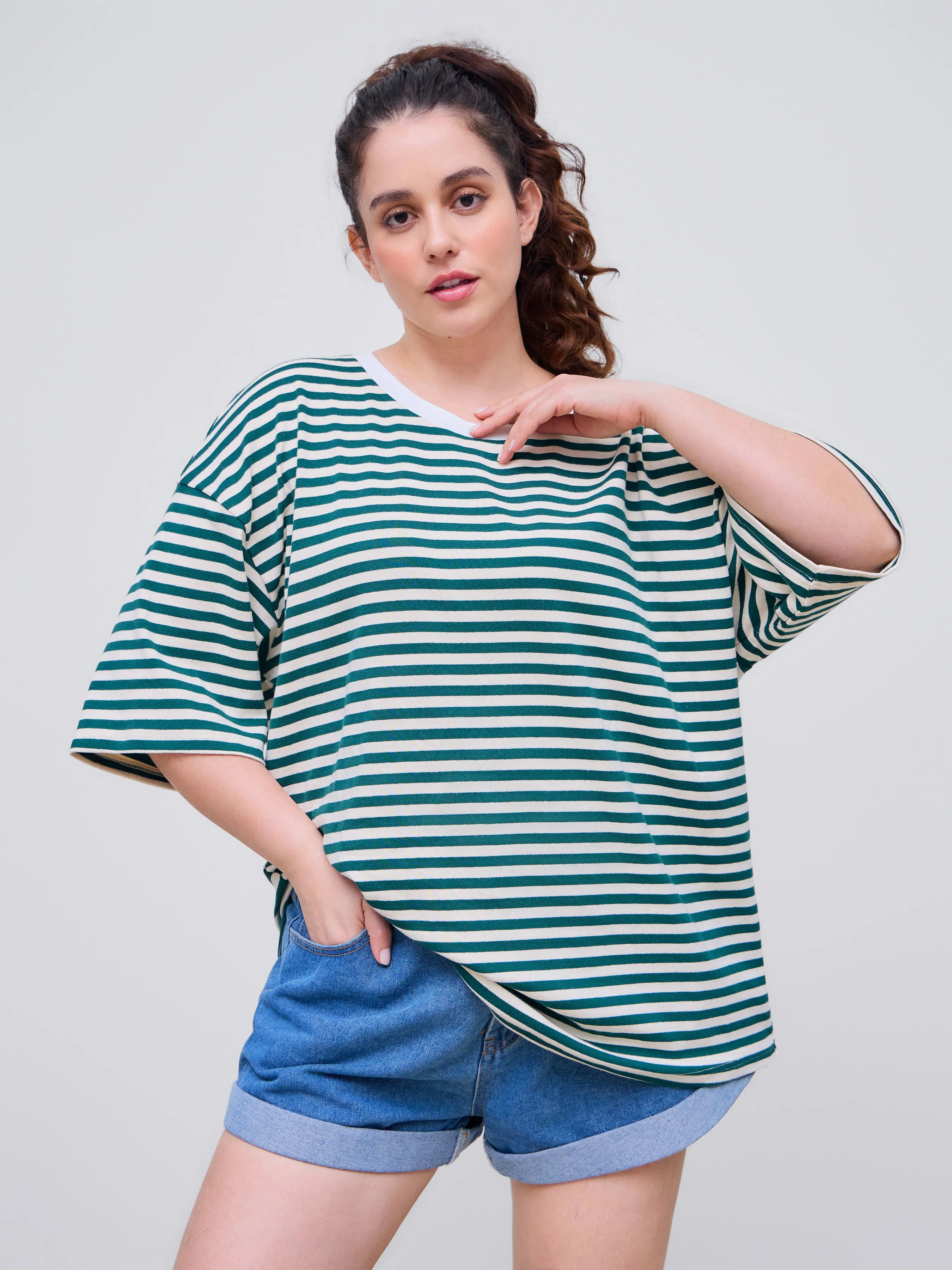 Camiseta de Rayas con Cuello Redondo y Manga Corta de Mezcla de Algodón Curvy