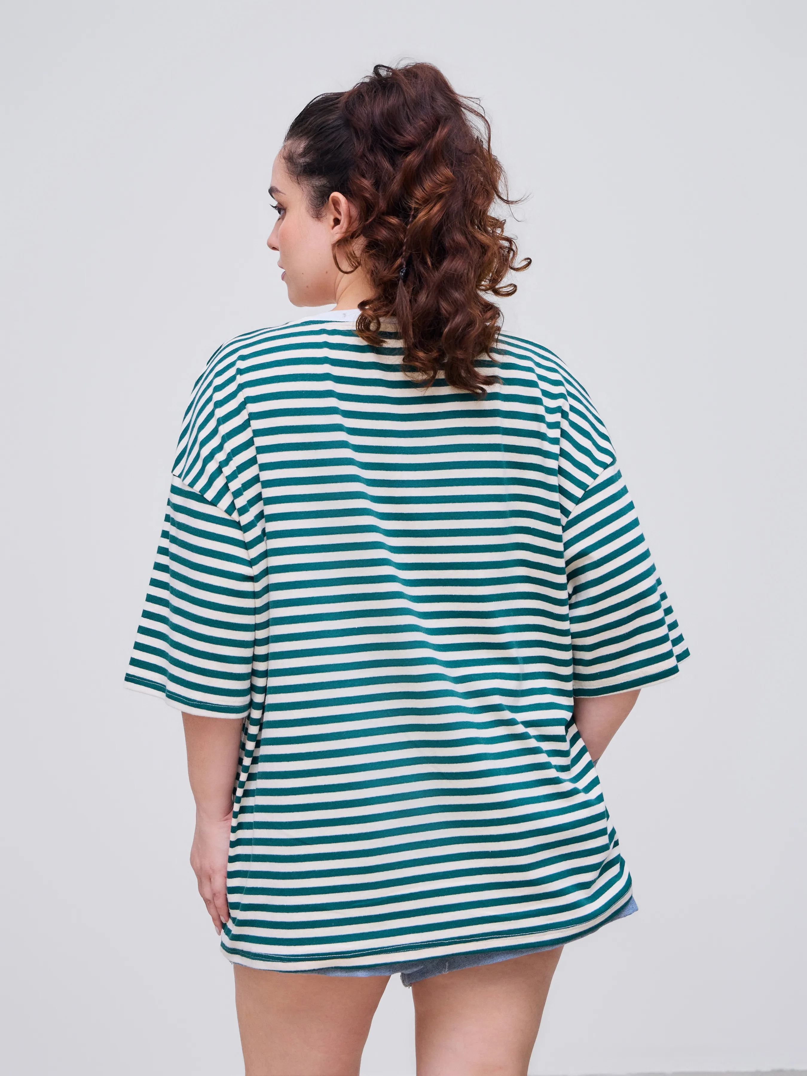 Camiseta de Rayas con Cuello Redondo y Manga Corta de Mezcla de Algodón Curvy