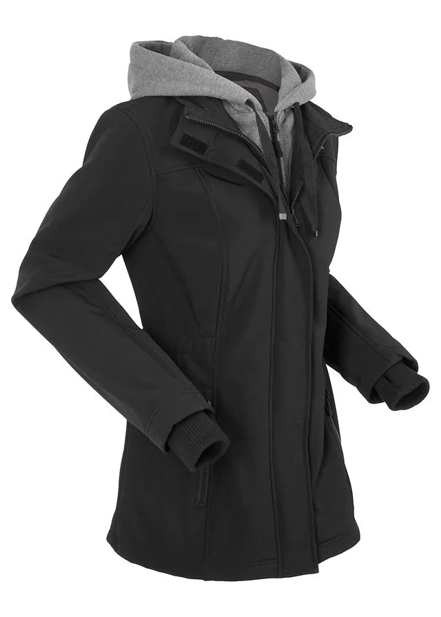 Chaqueta larga efecto 2 en 1 de tejido Softshell Negro