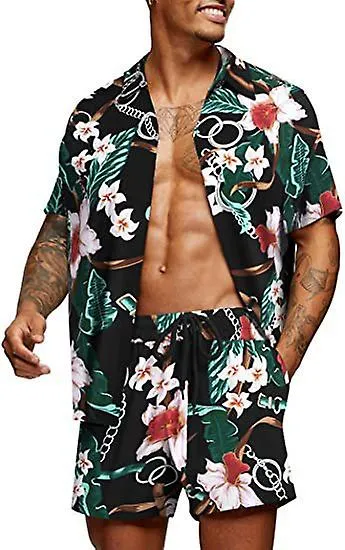 Drupum Conjuntos de trajes hawaianos sueltos para hombres Estampado floral juvenil Camisa casual Conjuntos de pantalones cortos