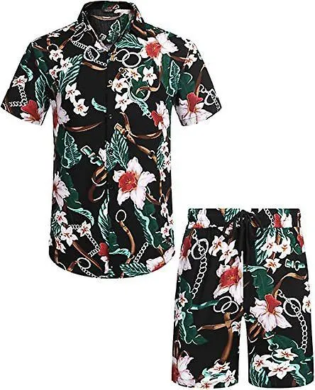 Drupum Conjuntos de trajes hawaianos sueltos para hombres Estampado floral juvenil Camisa casual Conjuntos de pantalones cortos