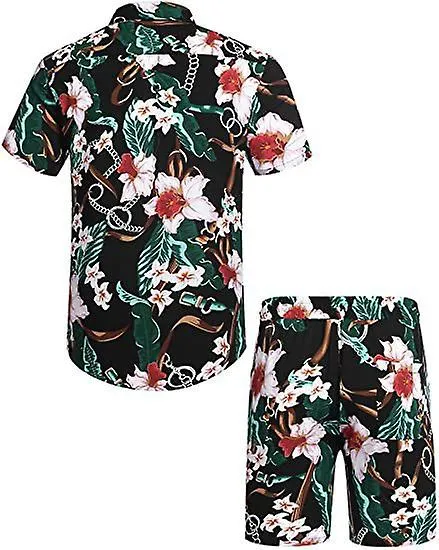 Drupum Conjuntos de trajes hawaianos sueltos para hombres Estampado floral juvenil Camisa casual Conjuntos de pantalones cortos