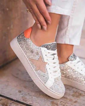 Zapatillas deportivas de mujer plateadas con estrella y cordones - Paulina